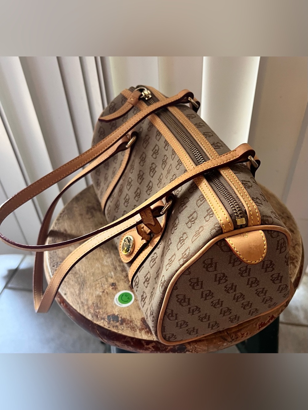 Dooney & Bourke Brown Logo Satchel with Tan Leather Trim - Picture 2 of 7